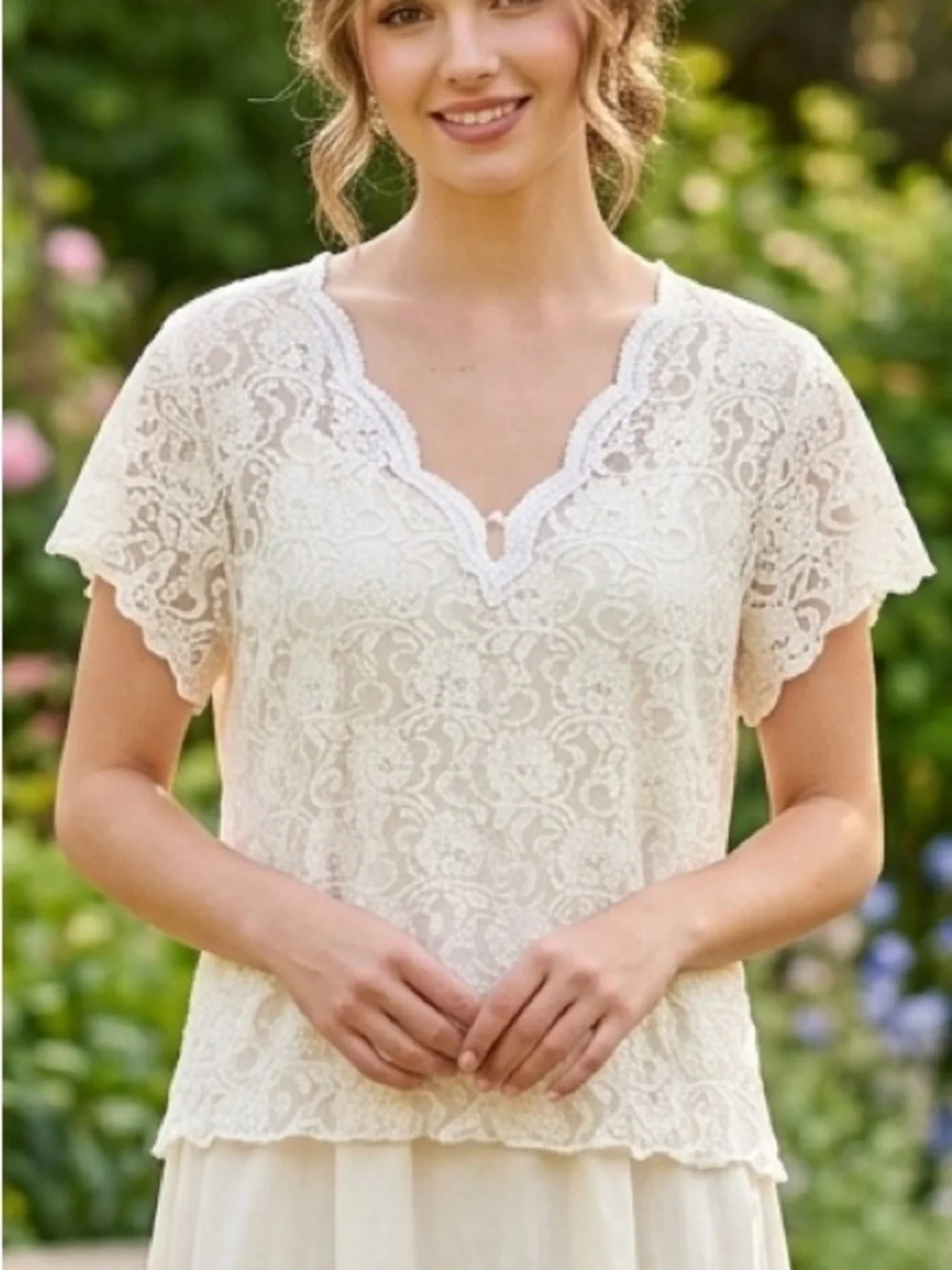 Women's Stretch Lace V-Neck Blouse in Cream - Picture 1 of 7